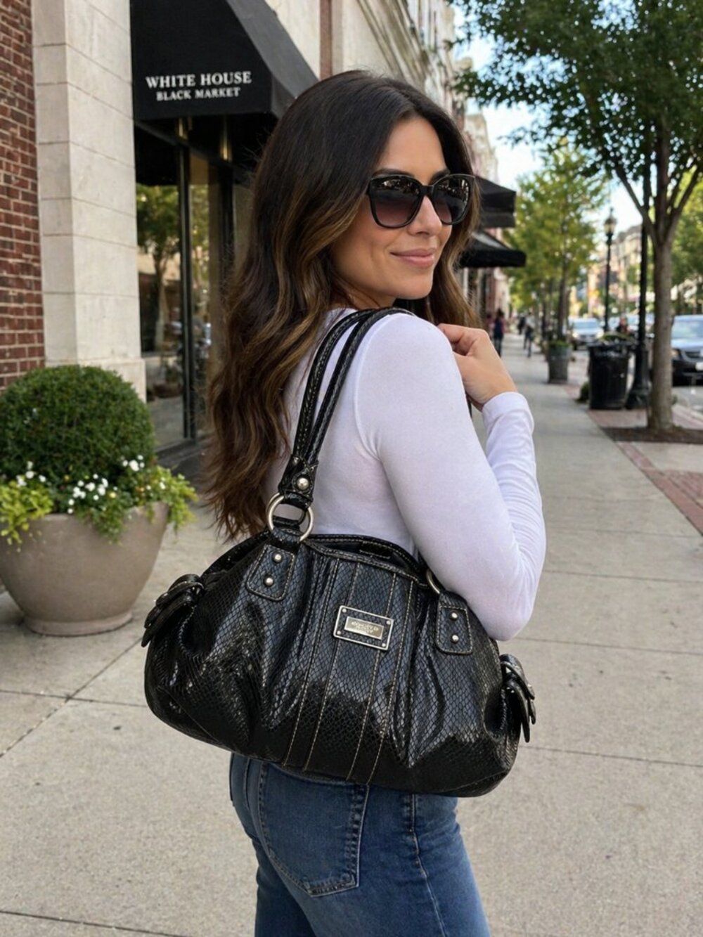 Rosetti Black Snakeskin Shoulder Bag Silver Hardware